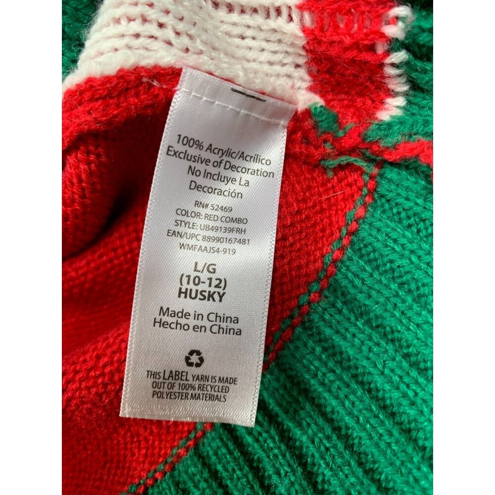 Christmas Reindeer Sweater Boys Large 10-12 Red Green Snowflake Holiday Time Cut - Picture 8 of 11